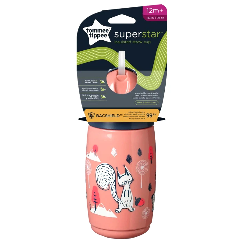 Tommee Tippee Tommee Tippee SuperStar Bacshield Insulated Straw Cup 12m+ Εκπαιδευτικό Κύπελλο Ισοθερμικό με Καλαμάκι Ροζ για Μικρά Παιδιά 266ml