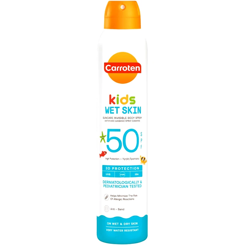 Carroten Carroten Kids Wet Skin Spf50 Invisible Body Spray Παιδικό Διάφανο Αντηλιακό Spray Σώματος Υψηλής Προστασίας με Ειδική Σύνθεση που Μειώνει το Κίνδυνο Εμφάνισης Αλλεργικών Αντιδράσεων 200ml