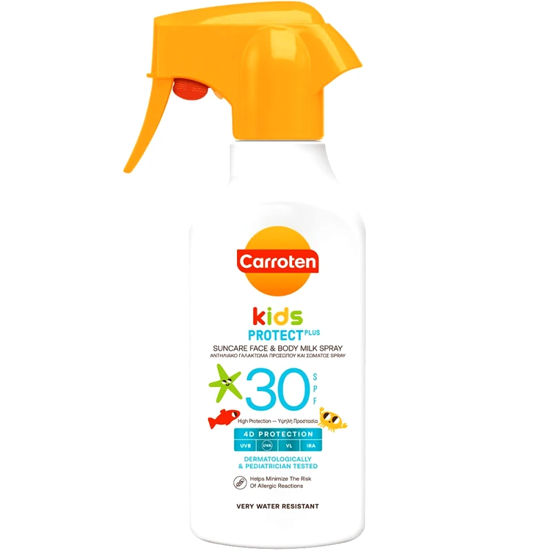Carroten Carroten Kids Protect Plus Spf30 Suncare Face & Body Milk Spray 270ml,Παιδικό Αντηλιακό Γαλάκτωμα Προσώπου & Σώματος Υψηλής Προστασίας με Ειδική Σύνθεση που Μειώνει το Κίνδυνο Εμφάνισης Αλλεργικών Αντιδράσεων