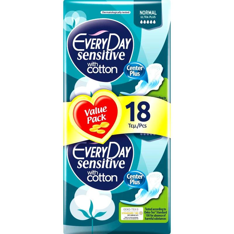 Every Day Every Day Sensitive Normal Ultra Plus Value Pack Πολύ Λεπτές Σερβιέτες με Βαμβακερό Κάλυμμα,Ιδανικές για Κανονική Ροή 18 Τεμάχια