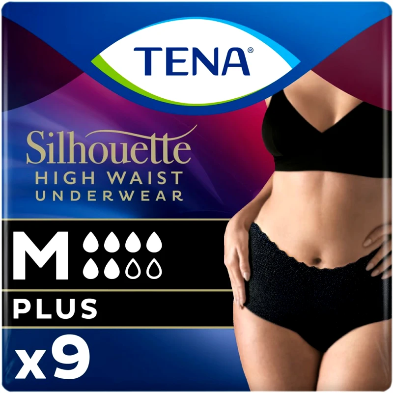 Tena Tena Silhouette Plus Black Underwear Ψηλόμεσο Εσώρουχο για Μέτρια Έως Βαριά Ακράτεια σε Μαύρο Χρώμα, 9 Τεμάχια - Medium