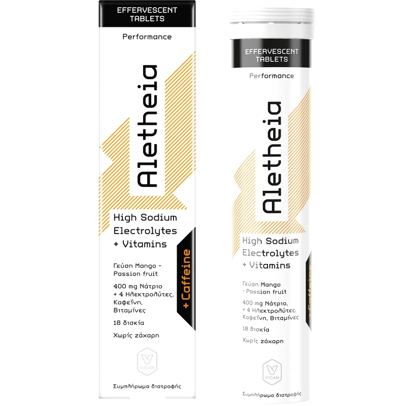 Vican Vican Aletheia High Sodium Electrolytes + Vitamins + Caffeine Συμπλήρωμα Διατροφής Ηλεκτρολυτών & Βιταμινών με Καφεΐνη για Ενυδάτωση, Ενέργεια & Αναπλήρωση Θρεπτικών Συστατικών με Γεύση Mango - Passion Fruit 18 Effer.tabs