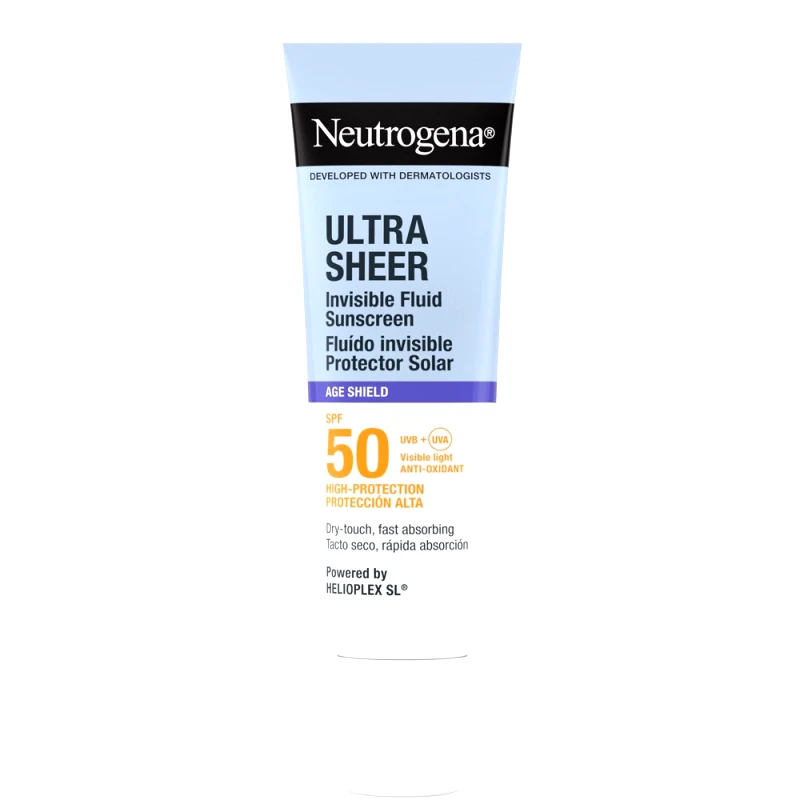 Neutrogena Neutrogena Ultra Sheer Age Shield Sunscreen Invisible Spf50 Fluid Αντηλιακό Προσώπου Λεπτόρρευστης Υφής Υψηλής Προστασίας Κατά των Σημαδιών Πρόωρης Γήρανσης για Όλους τους Τύπους Επιδερμίδας 50ml