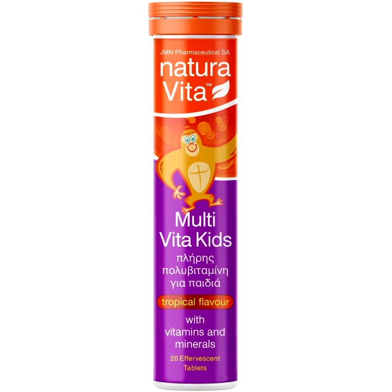 Natura Vita Natura Vita Multi Vita Kids Συμπλήρωμα Διατροφής Πολυβιταμινών & Μετάλλων για Παιδιά Άνω των 3 Ετών Υψηλής Ισχύος για Ενέργεια, Τόνωση & Κάλυψη Διατροφικών Ελλείψεων με Γεύση Τροπικά Φρούτα 20 Effer.tabs