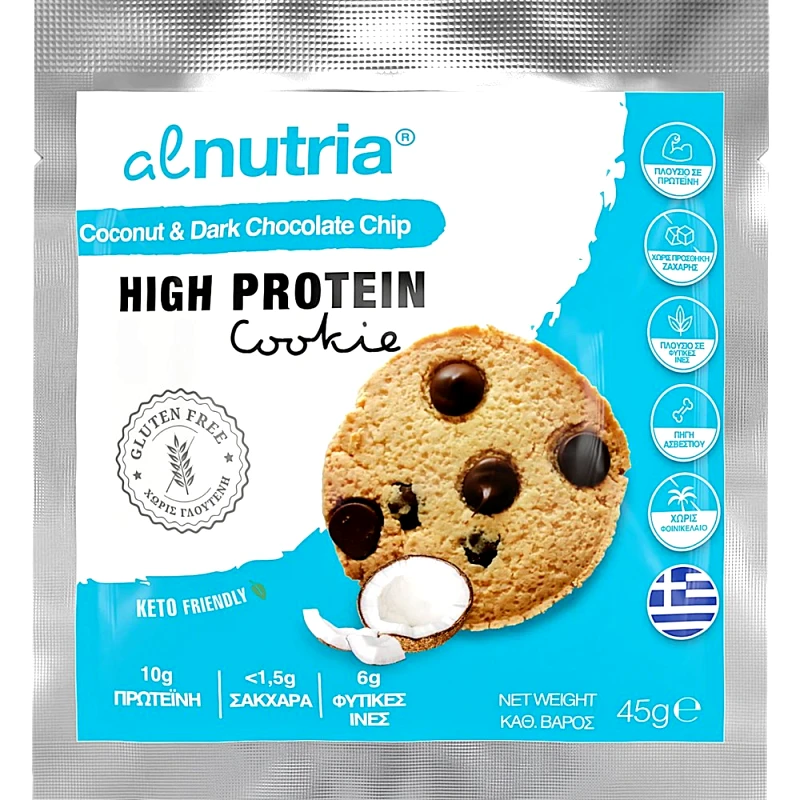 Alnutria Alnutria High Protein Cookie Μπισκότο Πλούσιο σε Πρωτεΐνη & Ασβέστιο με Πλούσια Γεύση καρύδας & Κομμάτια Μαύρης Σοκολάτας 45g 1 Τεμάχιο - Coconut & Dark Chocolate Chip