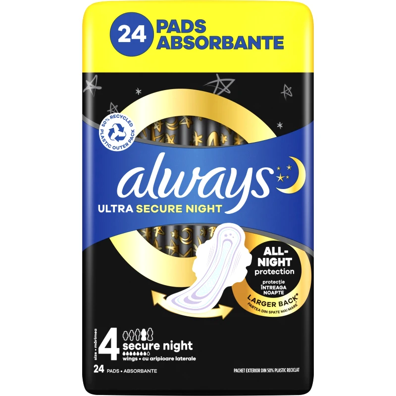 Always Always Ultra Secure Night Sanitary Towels with Wings Size 4 Σερβιέτες με Φτερά για Προστασία Κατά τη Διάρκεια της Νύχτας 24 Τεμάχια