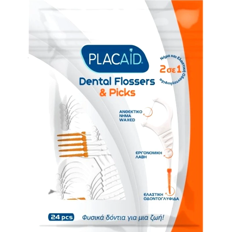 Plac Aid Plac Aid Waxed Dental Flossers & Picks Οδοντικό Ανθεκτικό Νήμα με Επίστρωση από Κερί & Ελαστική Οδοντογλυφίδα 2 σε 1 - 24 Τεμάχια