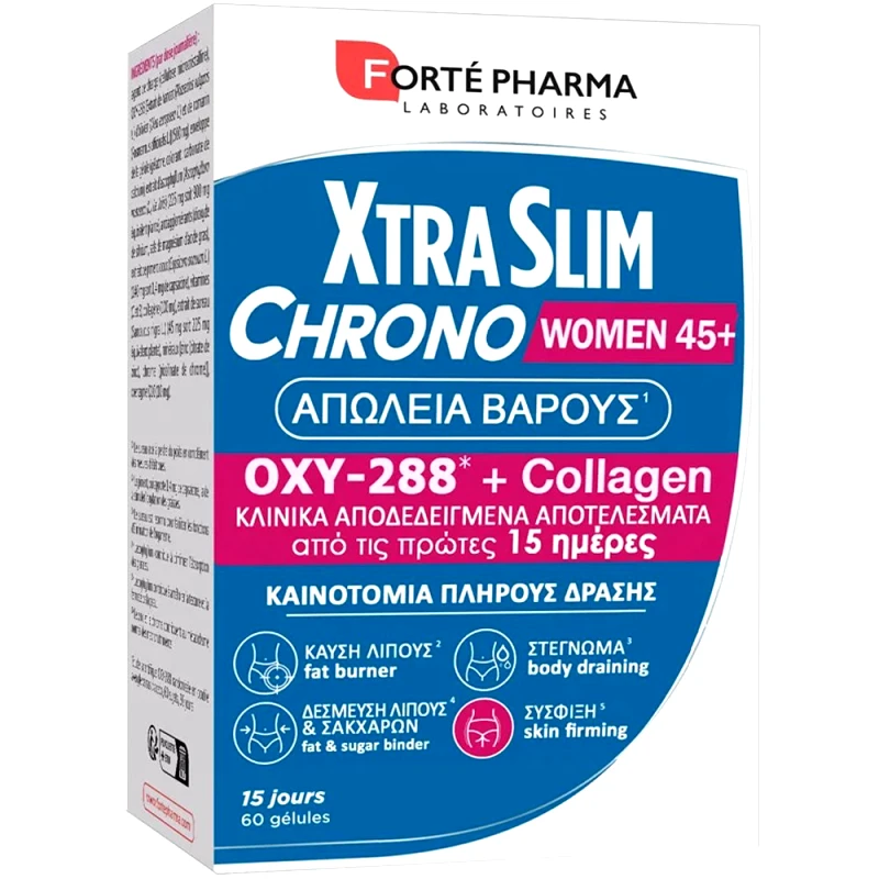 FORTE PHARMA Forte Pharma XtraSlim Chrono Women 45+ Συμπλήρωμα Διατροφής Φόρμουλας Βοτανικών Εκχυλισμάτων, Βιταμινών, Μετάλλων & Κολλαγόνου Ειδικής Σύνθεσης για Γυναίκες Ηλικίας 45+ για Καύση Λίπους, Στέγνωμα & Σύσφιξη 60caps