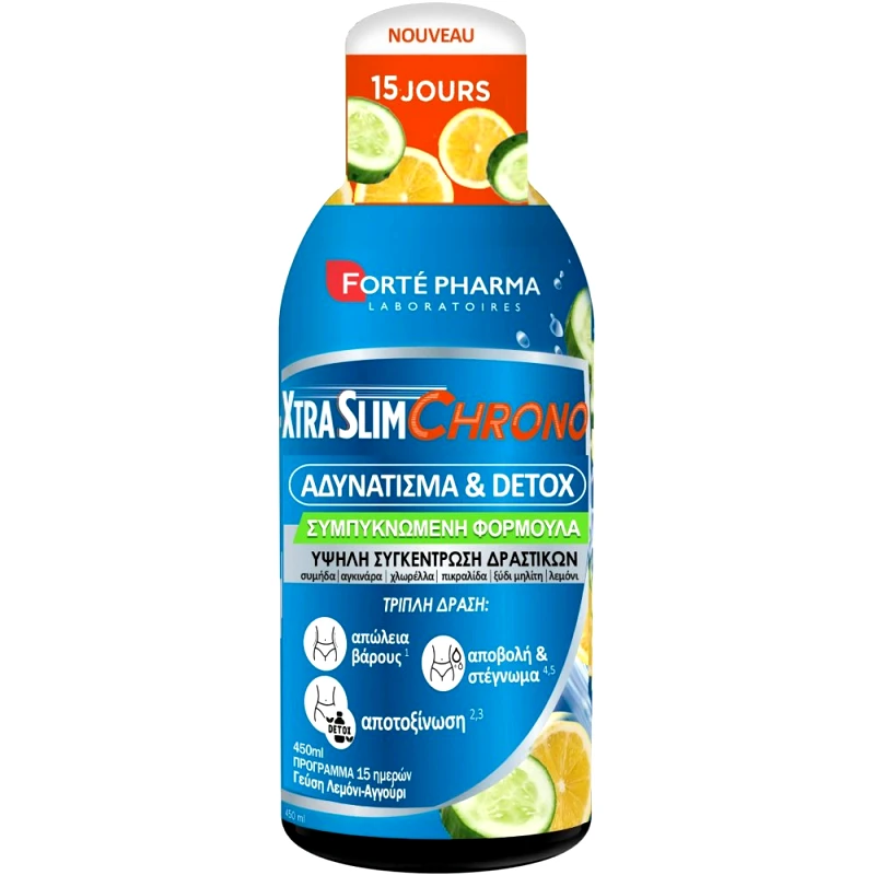 FORTE PHARMA Forte Pharma XtraSlim Chrono Συμπλήρωμα Διατροφής Εκχυλίσματος Βοτάνων & Μετάλλων σε Πόσιμο Υγρό για Απώλεια Βάρους, Στέγνωμα & Αποτοξίνωση του Οργανισμού με Γεύση Λεμόνι Αγγούρι 450ml