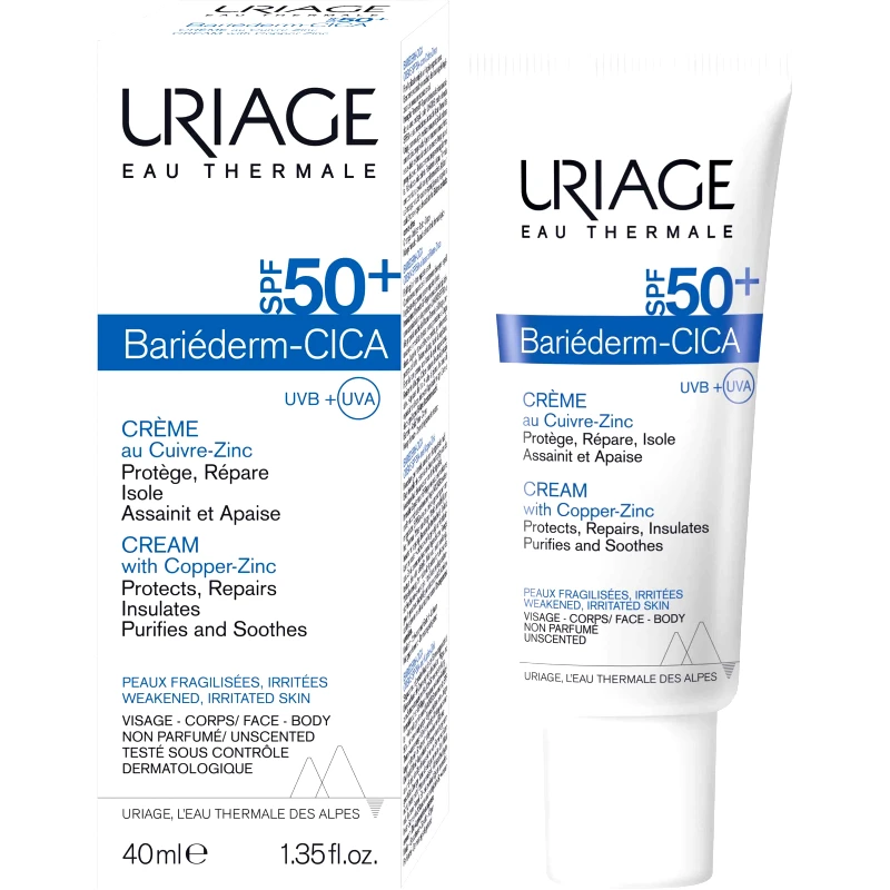 Uriage Uriage Bariederm Cica Spf50+ Copper - Zinc Cream Προστατευτική, Αναπλαστική Κρέμα Προσώπου - Σώματος με Πολύ Υψηλής Προστασία, Κατάλληλη για Ερεθισμένες & Αδύναμες Επιδερμίδες 40ml