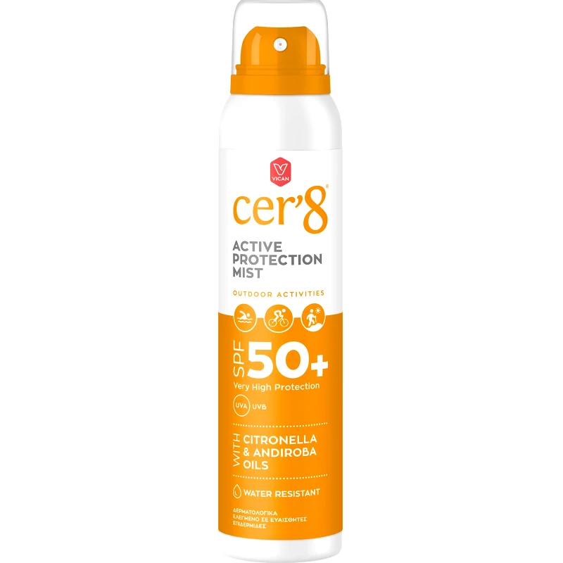Cer'8 Cer'8 Active Protection Spf50+ Mist Spray Αντηλιακό Spray Προσώπου - Σώματος Πολύ Υψηλής Προστασίας με Αιθέρια Έλαια για Προστασία από Έντομα Ανθεκτικό στο Νερό με μη Λιπαρή, Ανάλαφρη Υφή 125ml