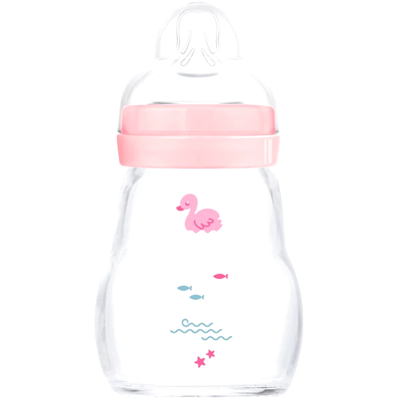 Mam Mam Feel Good Premium Glass Baby Bottle 0m+, Κωδ 370SGc Γυάλινο Μπιμπερό με Θηλή Σιλικόνης με Μικρή Ροή 170ml - Ροζ