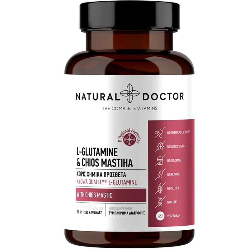 Natural Doctor Natural Doctor L-Glutamine & Chios Mastiha Συμπλήρωμα Διατροφής Αμινοξέος Γλουταμίνης & Μαστίχας Χίου για Ενίσχυση της Λειτουργίας του Εντέρου & Καλύτερη Πέψη 90veg.caps