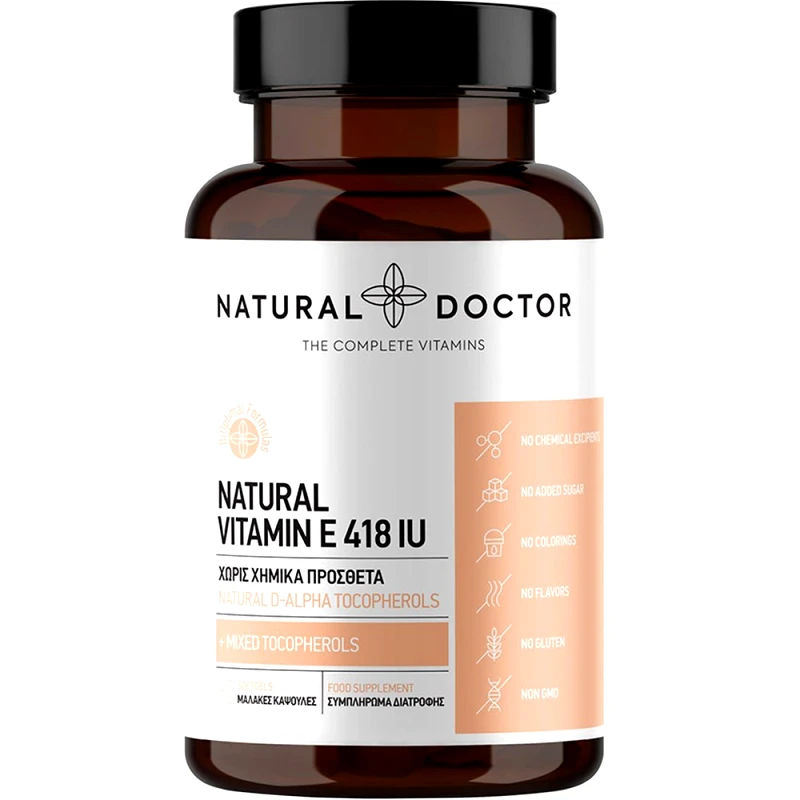 Natural Doctor Natural Doctor Natural Vitamin E 418IU Συμπλήρωμα Διατροφής με Φυσική Μορφή της Βιταμίνης Ε D-α τοκοφερόλη για Άμεση Απορρόφηση με Ισχυρή Αντιοξειδωτική Δράση & Υποστήριξη της Καλής Υγεία του Δέρματος 60caps