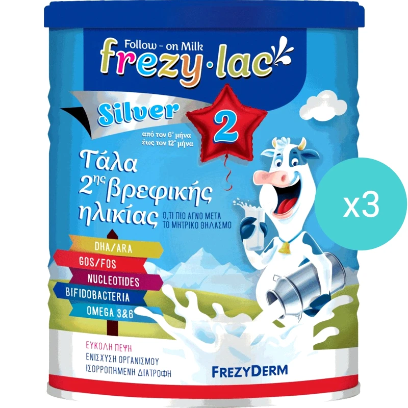 Frezyderm Σετ Frezyderm Frezylac Silver 2 Αγελαδινό Γάλα σε Σκόνη 2ης Βρεφικής Ηλικίας από τον 6ο Έως τον 12ο Μήνα 1200g (3x400g)