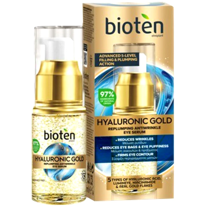 Bioten Bioten Hyaluronic Gold Replumpimg Antiwrinkle Eye Serum Αντιγηραντικός Ορός Ματιών για Μείωση Ρυτίδων, Μείωση Σακουλών & Πρηξίμητος & Σύσφιξη Περιγράμματος Ματιών 15ml