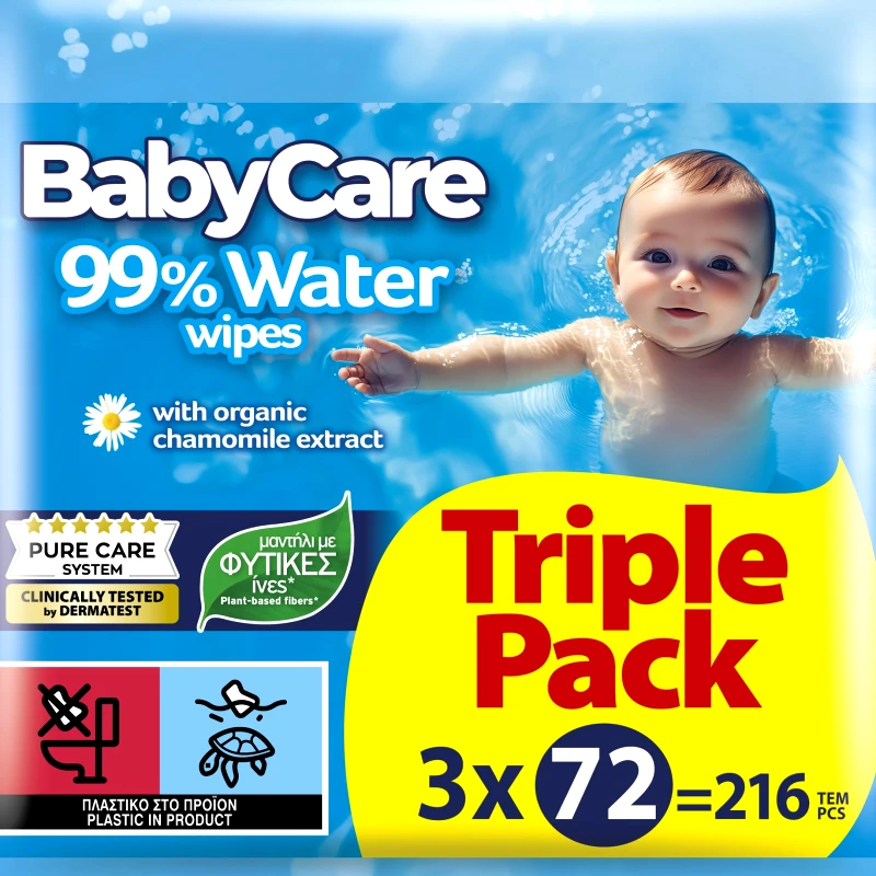 BabyCare BabyCare 99% Water Baby Wipes Triple Pack Μωρομάντηλα με 99% Νερό & Βιολογικό Εκχύλισμα Χαμομηλιού, Ιδανικά για Ευαίσθητο Δέρμα 216 Τεμάχια (3x72 Τεμάχια)