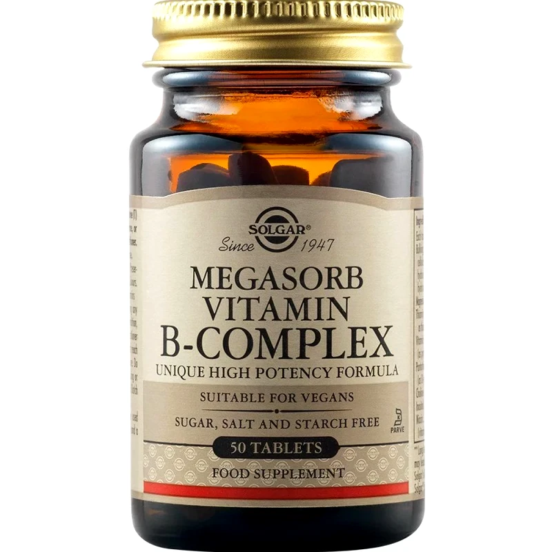 Solgar Solgar Megasorb Vitamin B50 Complex Συμπλήρωμα Διατροφής Συμπλέγματος Βιταμινών Β σε Ελεύθερη Μορφή για Βέλτιστη Απορρόφηση για την Καλή Λειτουργία του Νευρικού Συστήματος & Ενέργεια 50tabs