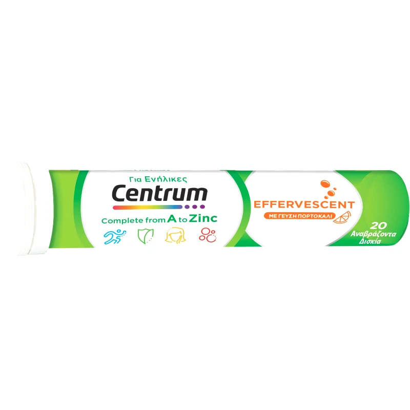 Centrum Centrum A to Zinc Συμπλήρωμα Διατροφής Πολυβιταμινών, Μετάλλων & Λουτεΐνης για Ενέργεια, Τόνωση & Ενίσχυση του Ανοσοποιητικού με Αντιοξειδωτικές Ιδιότητες με Γεύση Πορτοκάλι 20 Effer.tabs