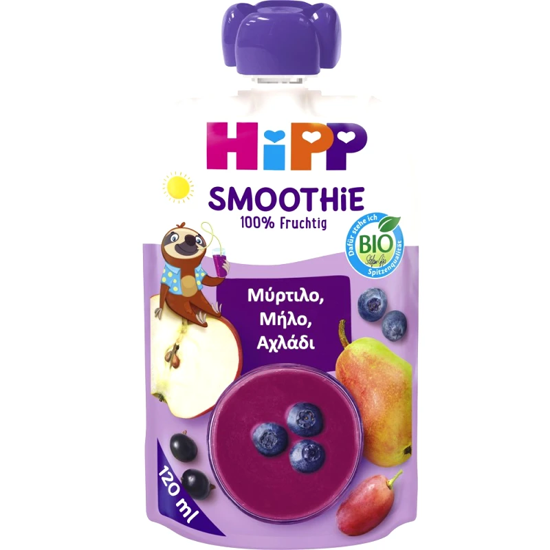 Hipp Hipp Bio Smoothie with Blueberry, Apple & Pear 1year+ Βιολογικό Ρόφημα από Φρούτα & Χυμούς με Μύρτιλο, Μήλο & Αχλάδι Χωρίς Προσθήκη Ζάχαρης για Παιδιά από 1 Έτους 120ml
