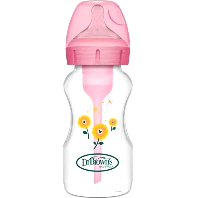 Dr.Brown Dr. Brown’s Μπιμπερό Πλαστικό Options+ Anti-colic με Φαρδύ Λαιμό 0m+, 270ml, Κωδ WB91801 - Ροζ Λουλούδια