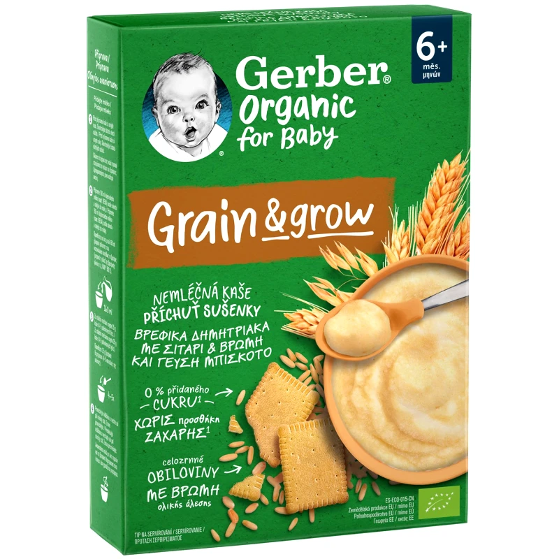 Gerber Gerber Organic Grain & Grow Infant Cereals with Wheat Oat & Biscuit Flavor 6m+ Βιολογικά Βρεφικά Δημητριακά με Σιτάρι, Βρώμη & Γεύση Μπισκότο από 6 Μηνών 200g