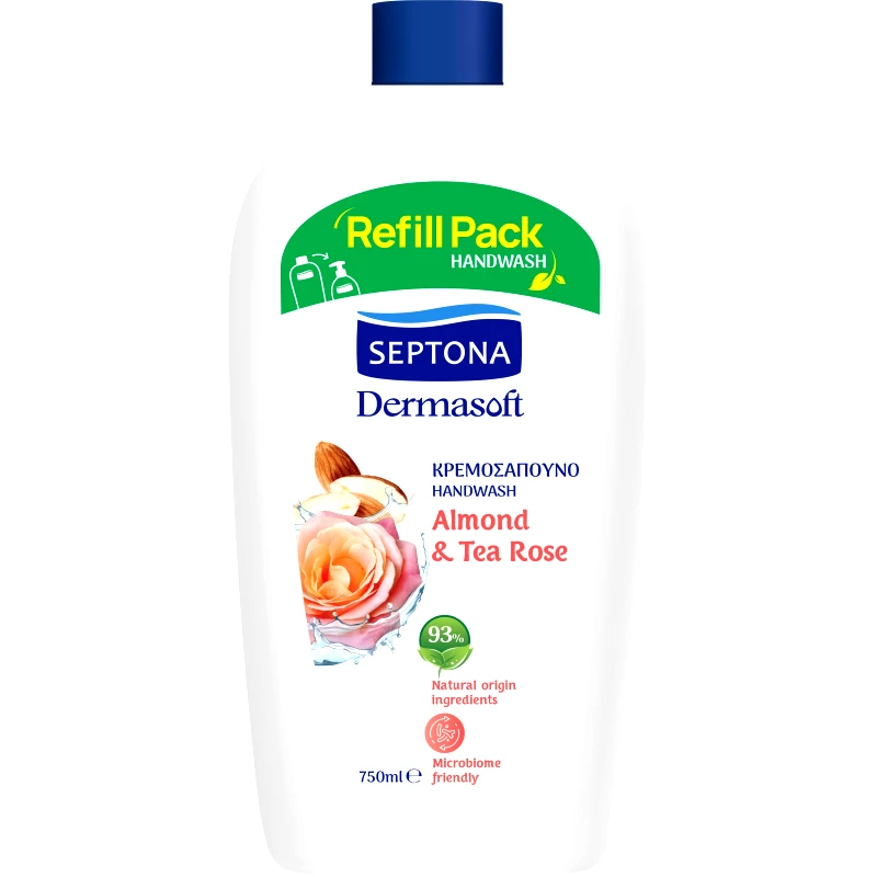 Septona Septona Dermasoft Handwash with Almond & Tea Rose Κρεμοσάπουνο με Οργανικό Νότες Αρώματος Αμύγδαλου & Tea Rose 750ml Refill