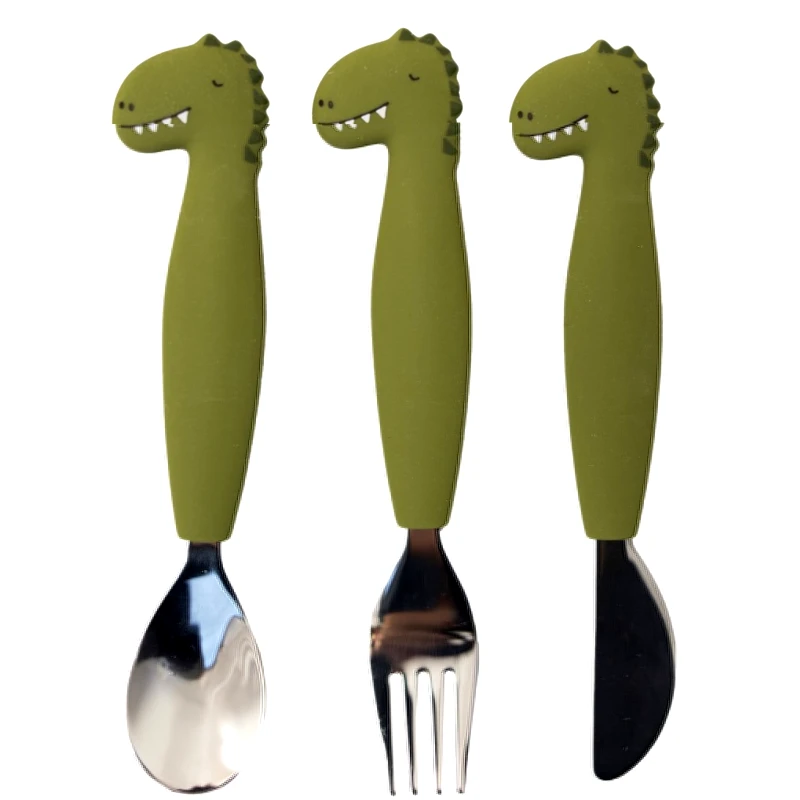 Trixie Trixie Silicone Cutlery Set 12m+, Παιδικό Εκπαιδευτικό Σετ Φαγητού με Κουτάλι, Πιρούνι & Μαχαίρι 3 Τεμάχια - Mr. Dino