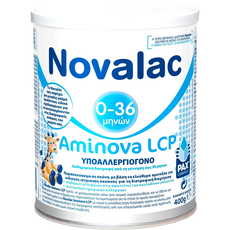 Novalac Novalac Aminova 0-36m LCP Ειδική Βρεφική Φόρμουλα σε Σκόνη για Αντιμετώπιση Αλλεργιών σε Πρωτεΐνες Αγελαδινού Γάλακτος & Δυσανεξία σε Υδρολυμένα Σκευάσματα Κατάλληλη από τη Γέννηση 400g