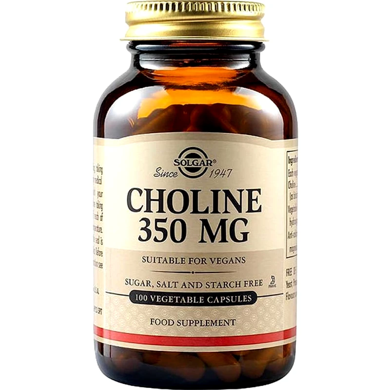 Solgar Solgar Choline 350mg Συμπλήρωμα Διατροφής Χολίνης για τη Βελτίωση της Ηπατικής Λειτουργίας & το Μεταβολισμό του Λίπους στο Συκώτι 100veg.caps