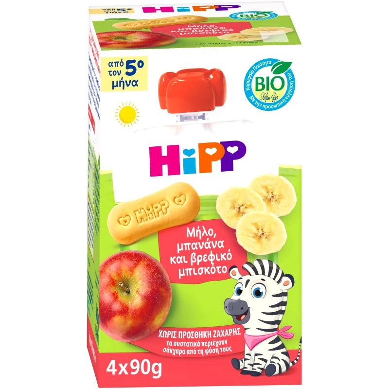 Hipp Hipp Promo Bio Fruit Puree with Apple, Banana & Baby Biscuit 5m+ Βιολογική Κρέμα Μήλου, Μπανάνας & Βρεφικού Μπισκότου Χωρίς Προσθήκη Ζάχαρης για Βρέφη από τον 5ο Μήνα 360g (4x90g)