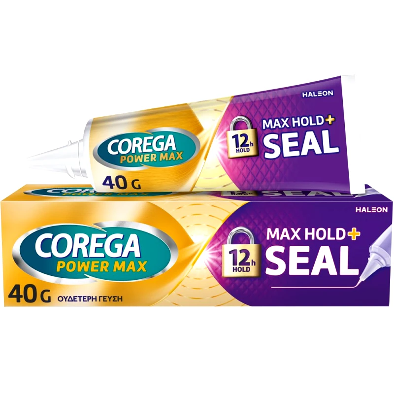 Corega Corega Power Max Hold & Seal Στερεωτική Κρέμα για Οδοντοστοιχίες, Ισχυρή Συγκράτηση Όλη Μέρα με Ουδέτερη Γεύση 40g