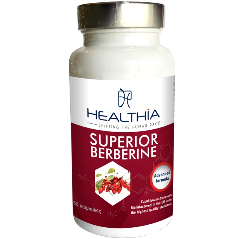 Healthia Healthia Superior Berberine Συμπλήρωμα Διατροφής Εκχυλίσματος του Φυτού Berberis Aristata Υψηλής Περιεκτικότητας σε Βερβερίνη & Βιταμινών, Μετάλλων για τον Έλεγχο του Σακχάρου στο Αίμα, Καλή Υγεία της Καρδιάς & Έλεγχο Βάρους 60caps
