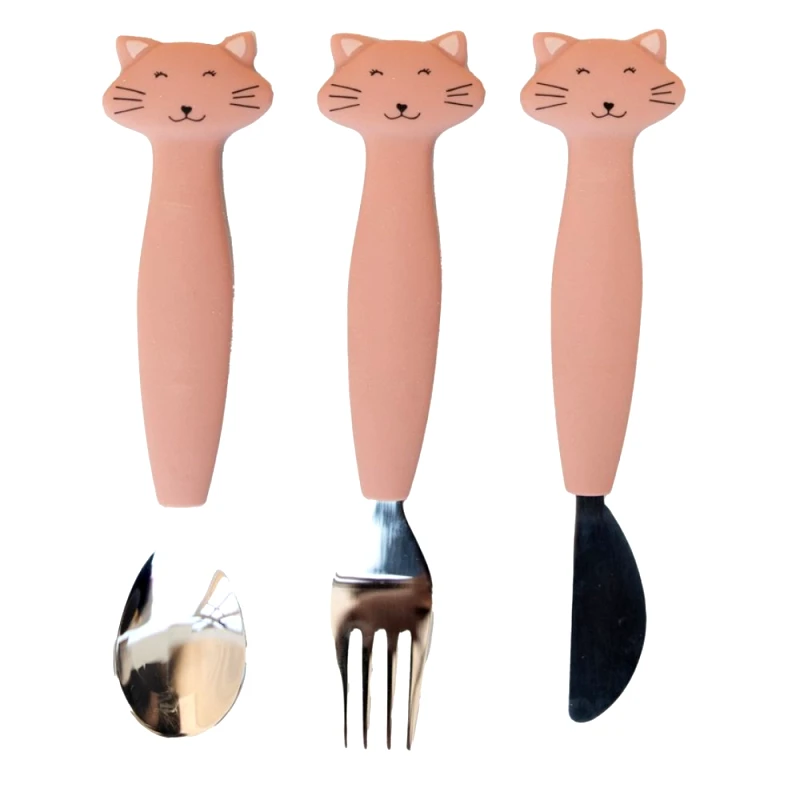Trixie Trixie Silicone Cutlery Set 12m+, Παιδικό Εκπαιδευτικό Σετ Φαγητού με Κουτάλι, Πιρούνι & Μαχαίρι 3 Τεμάχια - Mrs. Cat