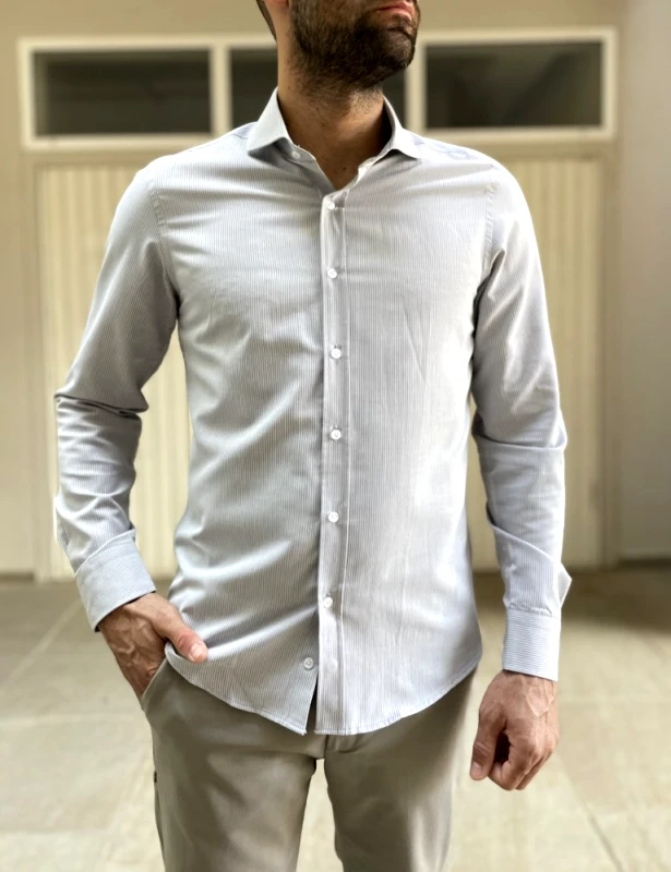 Buffon Ανδρικό γκρι ριγέ πουκάμισο με γιακά 1820G