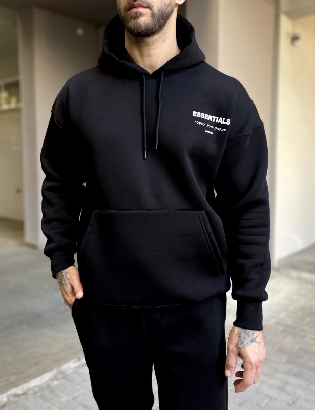 - Ανδρικό μαύρο φούτερ με κουκούλα και λογότυπο στο στήθος ES26016