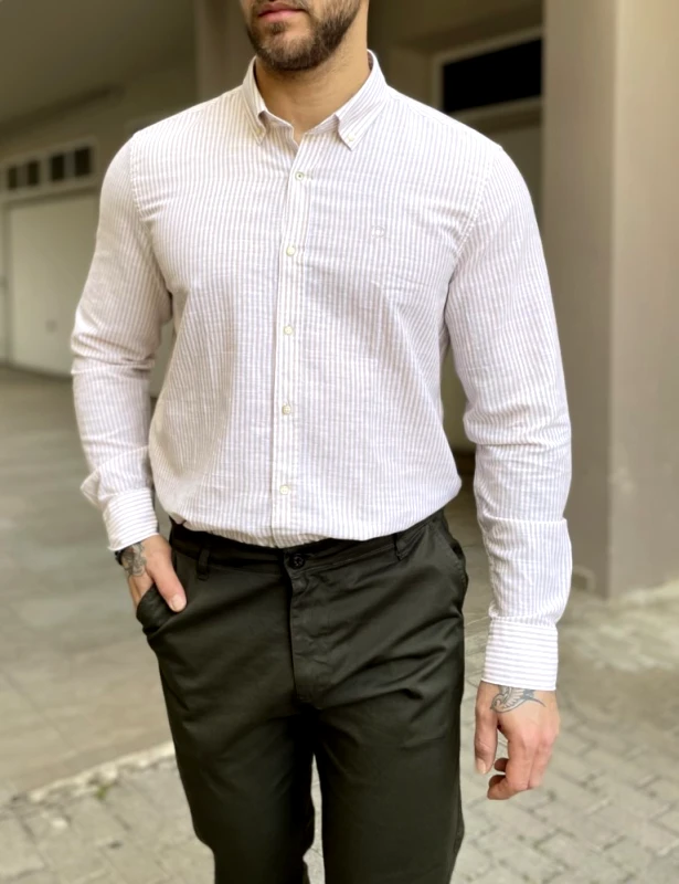 Buffon Ανδρικό μπεζ ριγέ πουκάμισο με γιακά 1564B