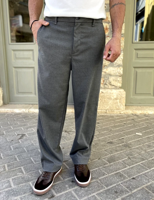 KAEN Ανδρικό γκρι ριγέ loose υφασμάτινο παντελόνι 4506G