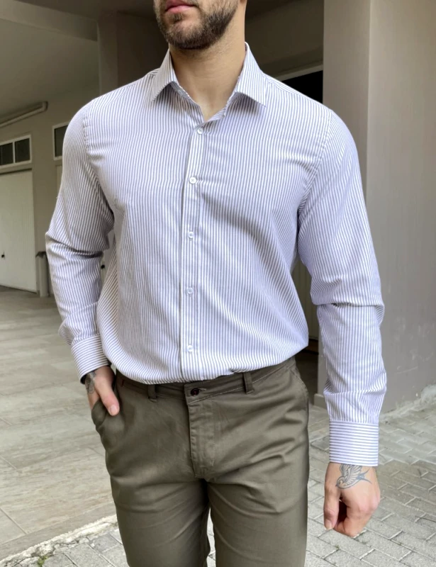 Buffon Ανδρικό πουκάμισο με γιακά λευκό με καφέ ρίγα 2097K