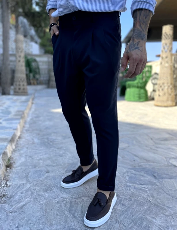 Fabricland Ανδρικό μπλε υφασμάτινο παντελόνι με πιέτες και φάσα στην μέση FCL00395N