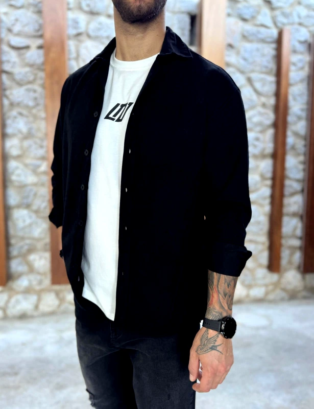 RMZ Ανδρικό μαύρο κοτλέ Overshirt με γιακά RMZ470M