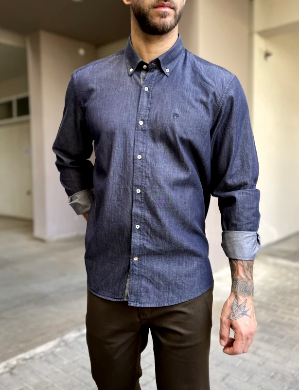 Buffon Ανδρικό μπλε με όψη denim βαμβακερό πουκάμισο με γιακά 2077B