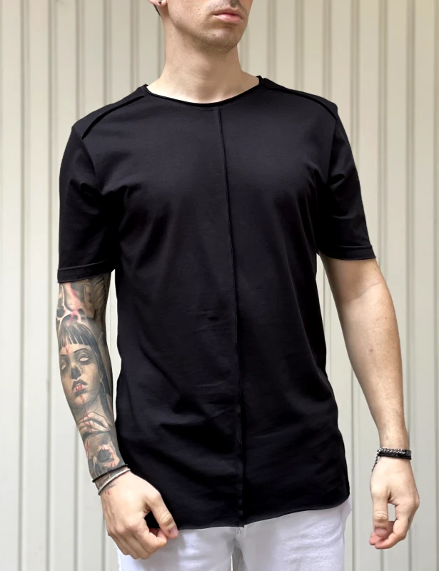 NDC NDC ανδρικό μαύρο ασύμμετρο T-shirt με ραφή 232917