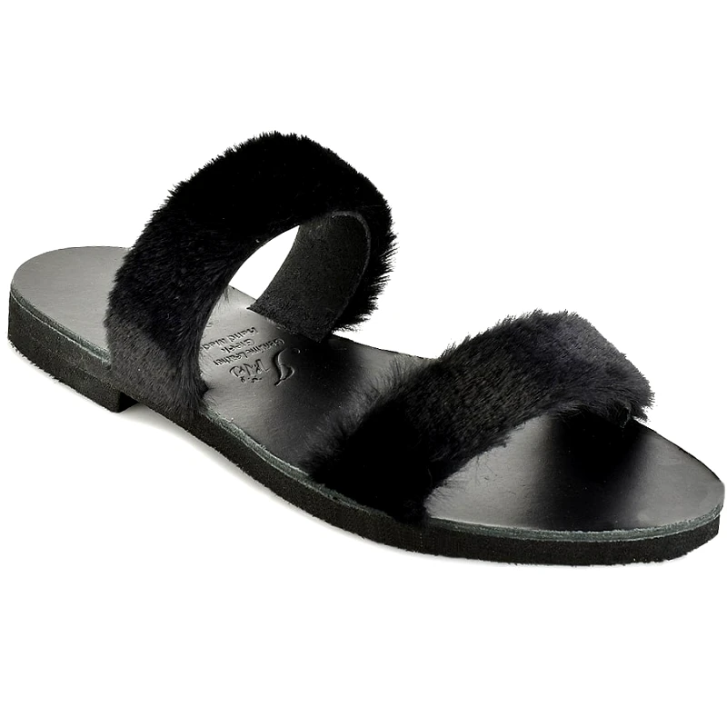 Iris Δερμάτινη μαύρη σαγιονάρα με γούνα Iris Sandals IR12