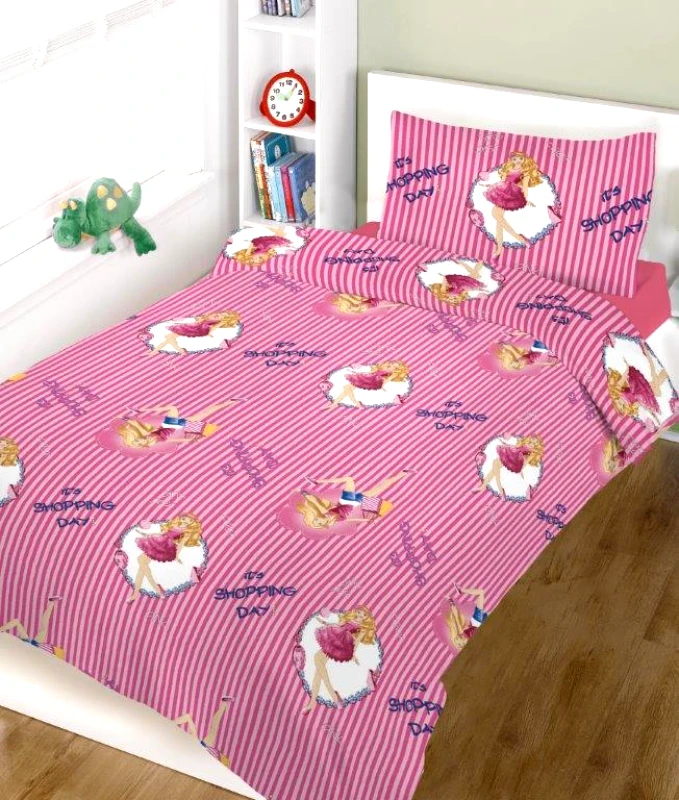 KOMVOS HOME Σετ Σεντόνια Polycotton Μονά 160x240εκ. Εμπριμέ Shopping Girl 7001648-1 (Ύφασμα: 50% Cotton-50% Polyester, Χρώμα: Ροζ, Μέγεθος: Μονά) - KOMVOS HOME - 7001648-1