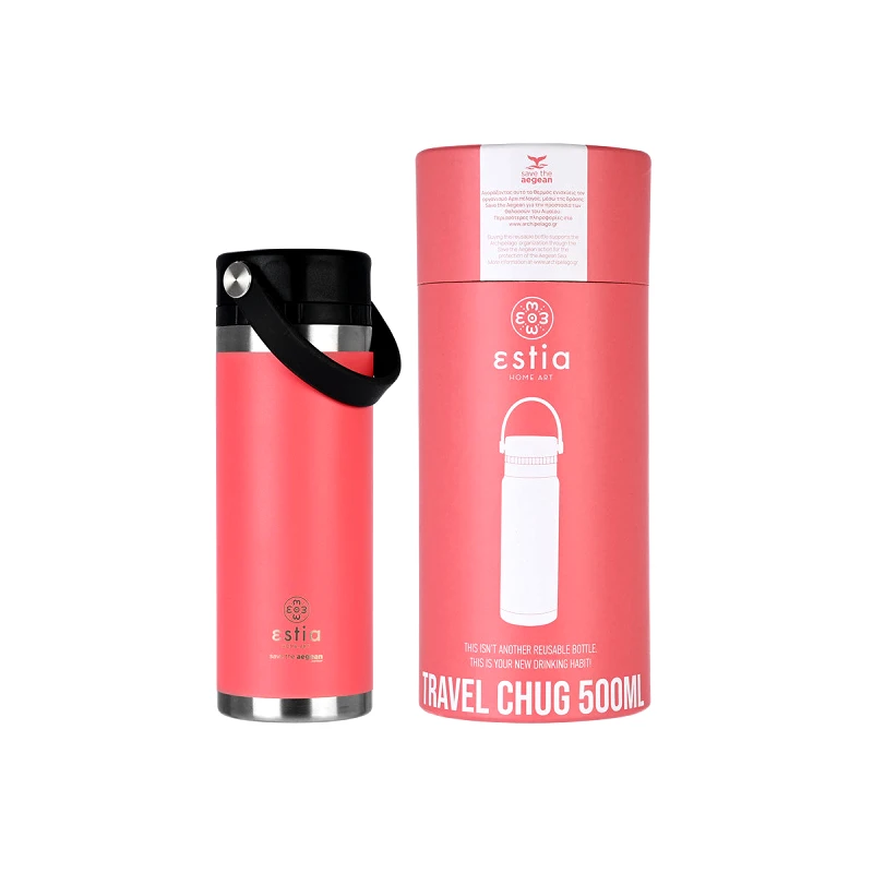estia Θερμός Ανοξείδωτος Travel Chug Fusion Coral Save The Aegean Estia 500ml-7x7x21,4εκ. 01-17729 (Υλικό: Ανοξείδωτο, Χρώμα: Κοραλί ) - estia - 01-17729