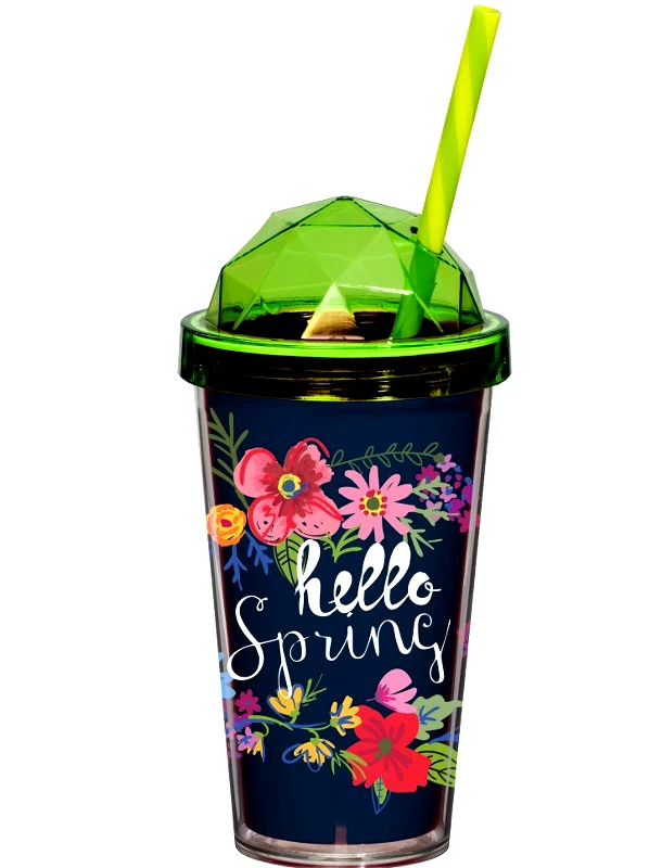 VELTIHOME Ποτήρι Με Διπλό Τοίχωμα & Καλαμάκι Hello Spring 540ml Veltihome 16134 - VELTIHOME - 16134-hello spring