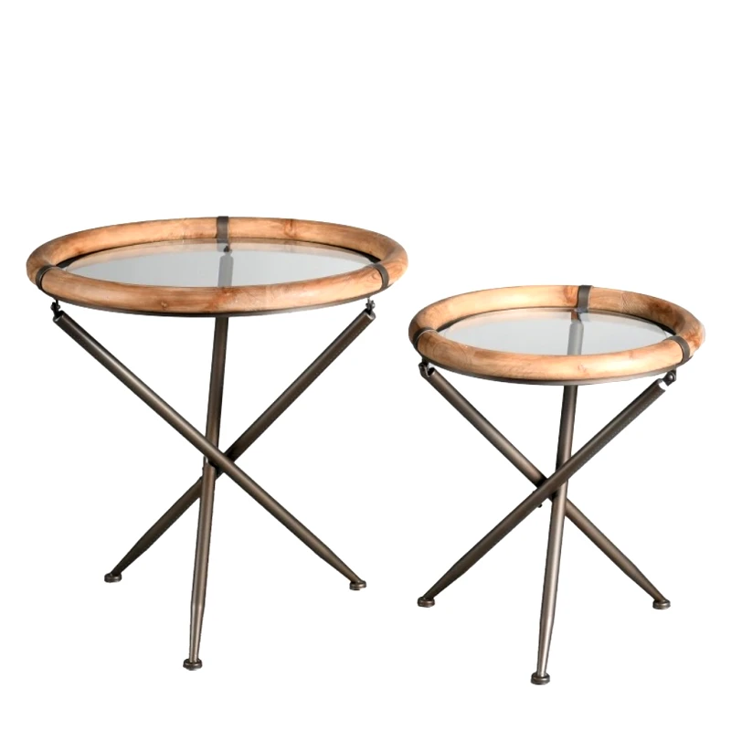 ESPIEL Τραπεζάκι Σετ 2τμχ Μεταλλικό-Ξύλινο Έλατο-Γυάλινο ESPIEL Tempered Δ65x66-Δ50x56εκ. JAM109 (Υλικό: Ξύλο) - ESPIEL - JAM109