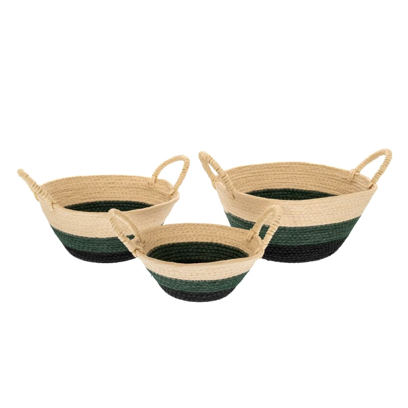 Iliadis Καλάθι Σετ 3τμχ Βαμβακερό Μαύρο-Πράσινο-Natural Με Χερούλια 30x15εκ.-26x13εκ.-22x9εκ. iliadis 85971 (Ύφασμα: Βαμβάκι 100%, Χρώμα: Μαύρο) - Iliadis - il_85971
