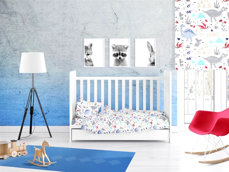 DimCol Παπλωματοθήκη Μπεμπέ Polycotton Κούνιας 120x160εκ. Dino 309 White-Blue DimCol (Χρώμα: Λευκό, Ύφασμα: 70% Βαμβάκι-30% Polyester, Μέγεθος: Κούνιας) - DimCol - 31310821001